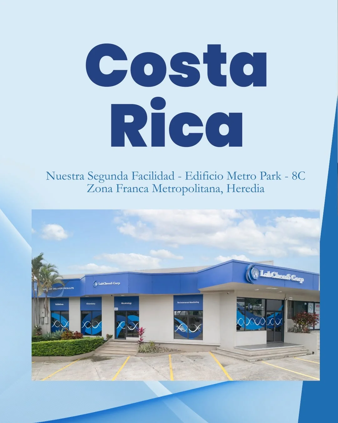 LabChemS Costa Rica promotional image with the facility facade and Metro Park 8C address
